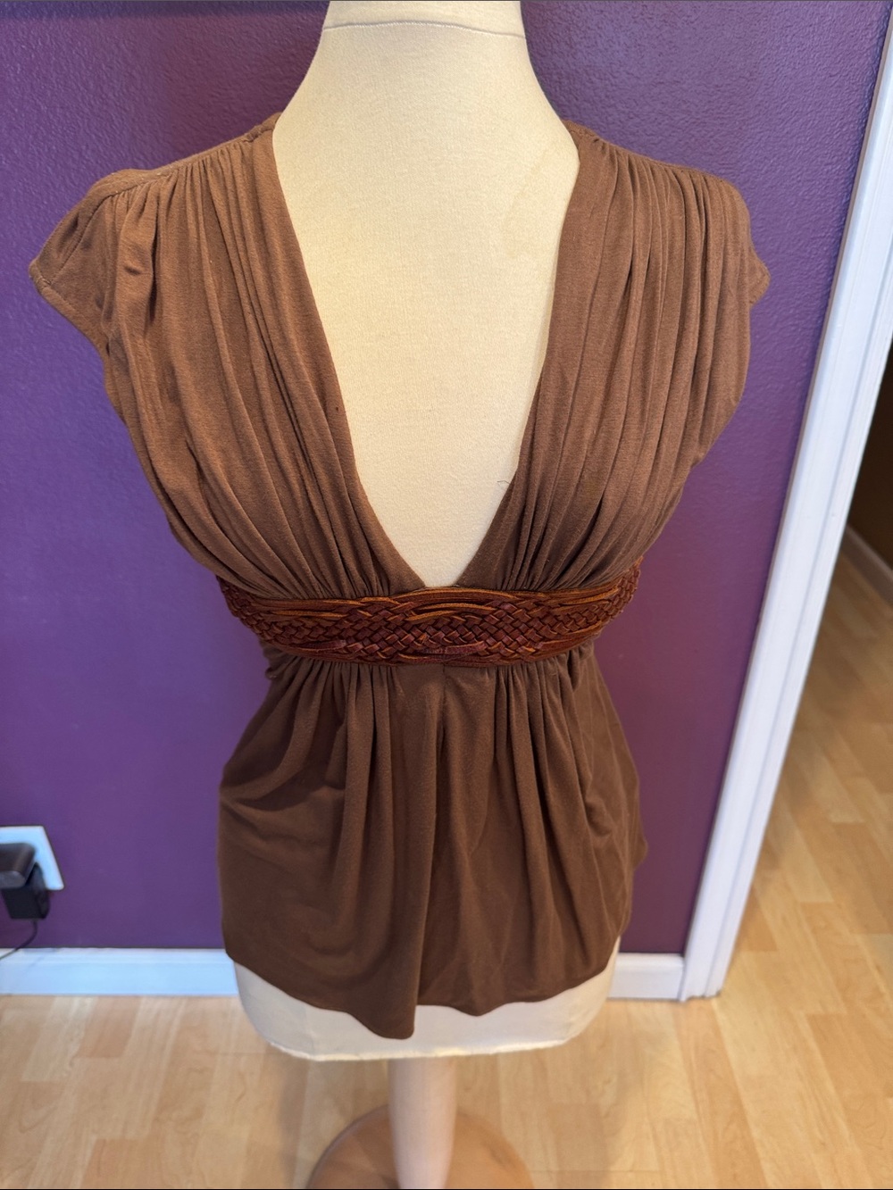 Sky Brown Braided-Waist Surplice Blouse